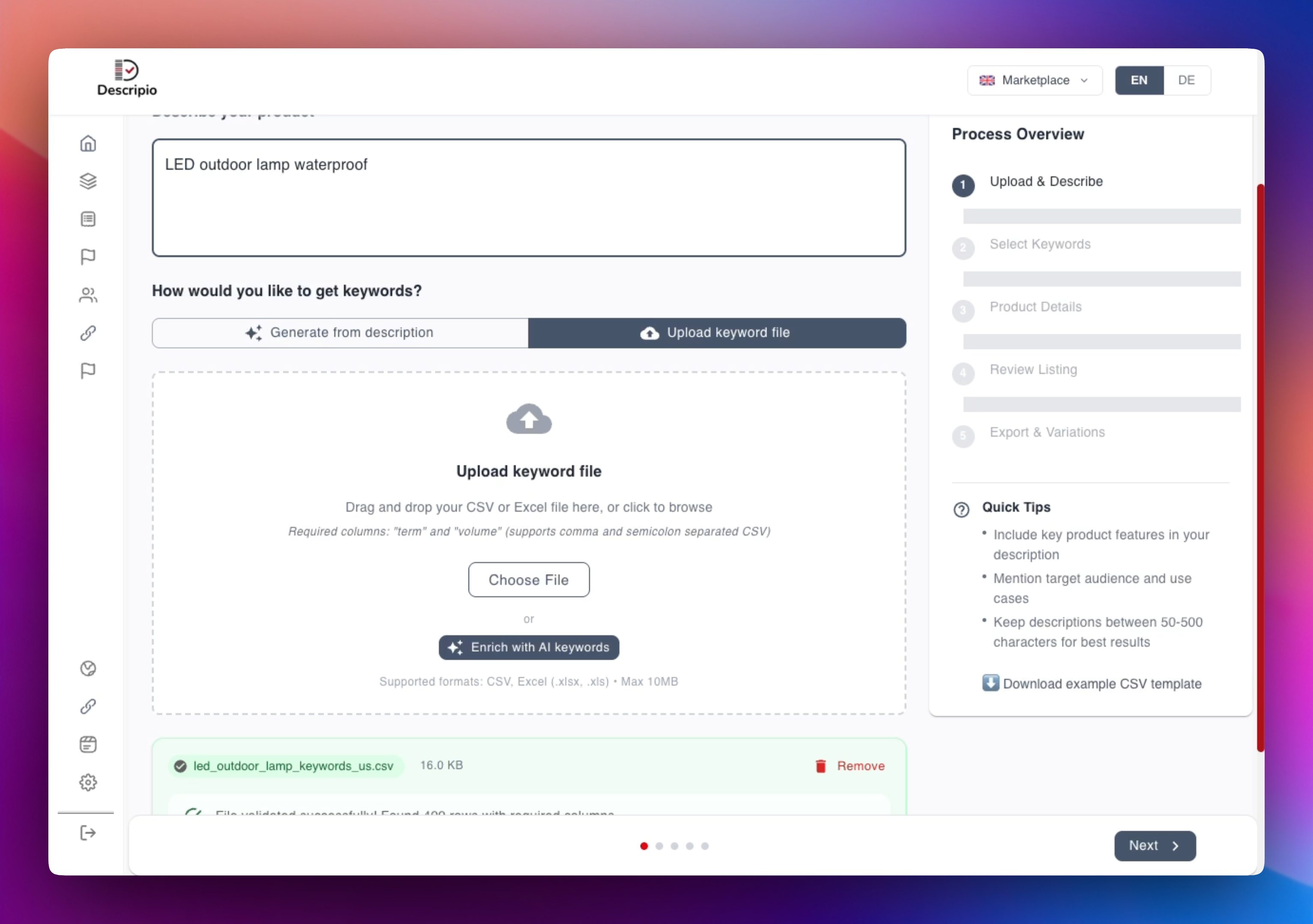 Upload & Beschreibung Interface Screenshot